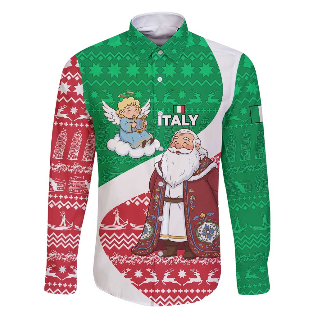 Italy Christmas Family Matching Long Sleeve Bodycon Dress and Hawaiian Shirt with Pizza Chef Santa Leaning Tower Colosseum and Red Green Holiday Pattern Design - Wonder Print Shop