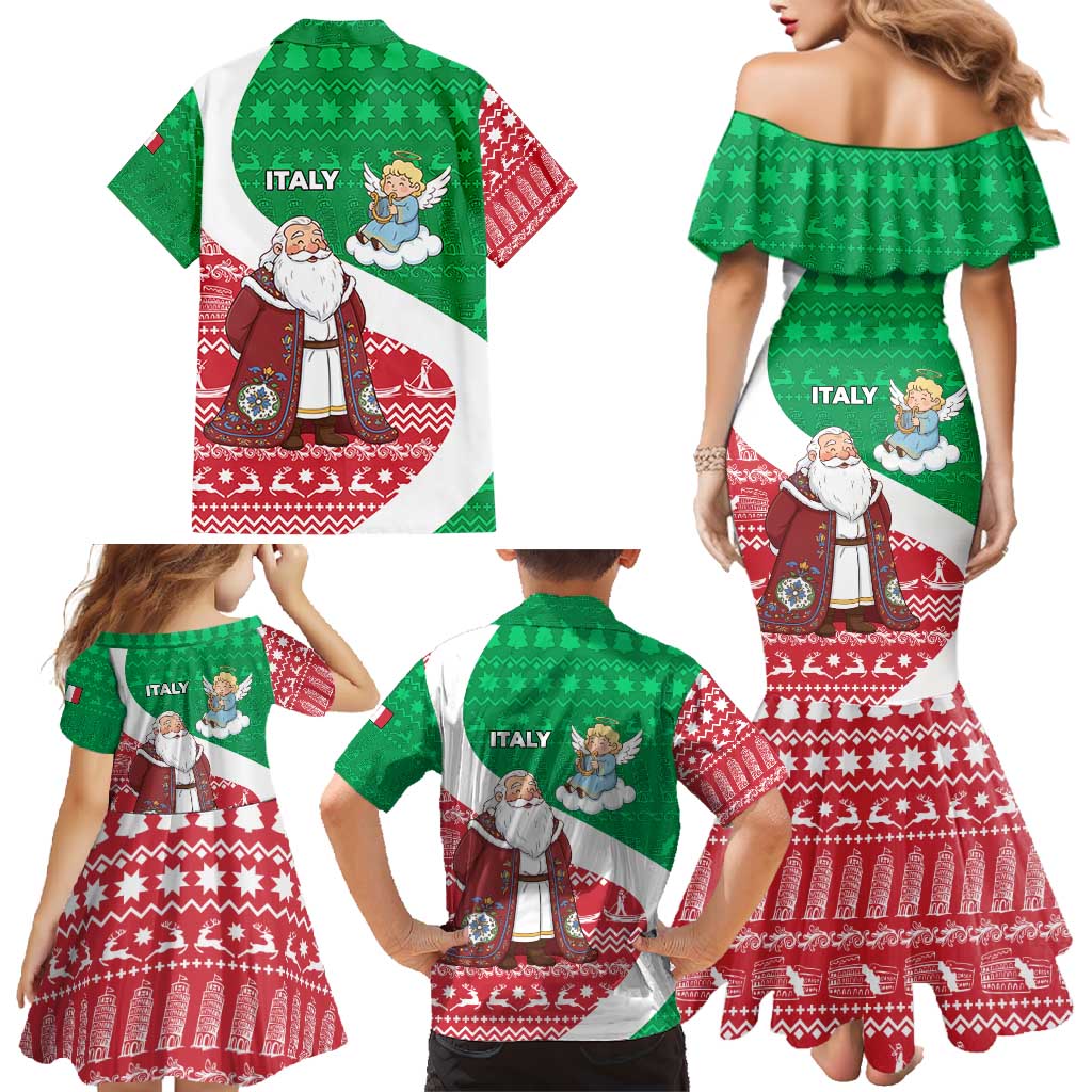 Italy Christmas Family Matching Mermaid Dress and Hawaiian Shirt with Pizza Chef Santa Leaning Tower Colosseum and Red Green Holiday Pattern Design - Wonder Print Shop