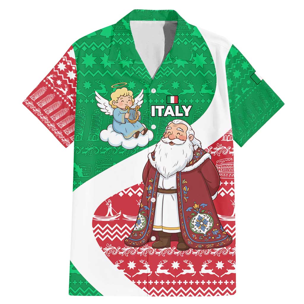 Italy Christmas Family Matching Mermaid Dress and Hawaiian Shirt with Pizza Chef Santa Leaning Tower Colosseum and Red Green Holiday Pattern Design - Wonder Print Shop