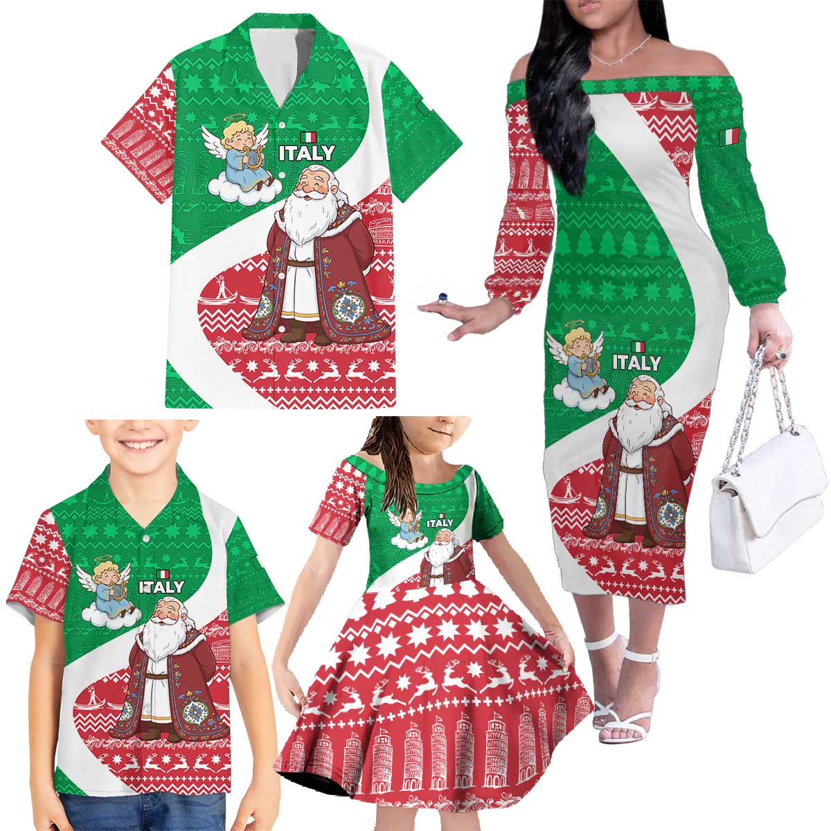 Italy Christmas Family Matching Off The Shoulder Long Sleeve Dress and Hawaiian Shirt with Pizza Chef Santa Leaning Tower Colosseum and Red Green Holiday Pattern Design - Wonder Print Shop