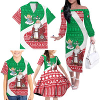 Italy Christmas Family Matching Off The Shoulder Long Sleeve Dress and Hawaiian Shirt with Pizza Chef Santa Leaning Tower Colosseum and Red Green Holiday Pattern Design - Wonder Print Shop