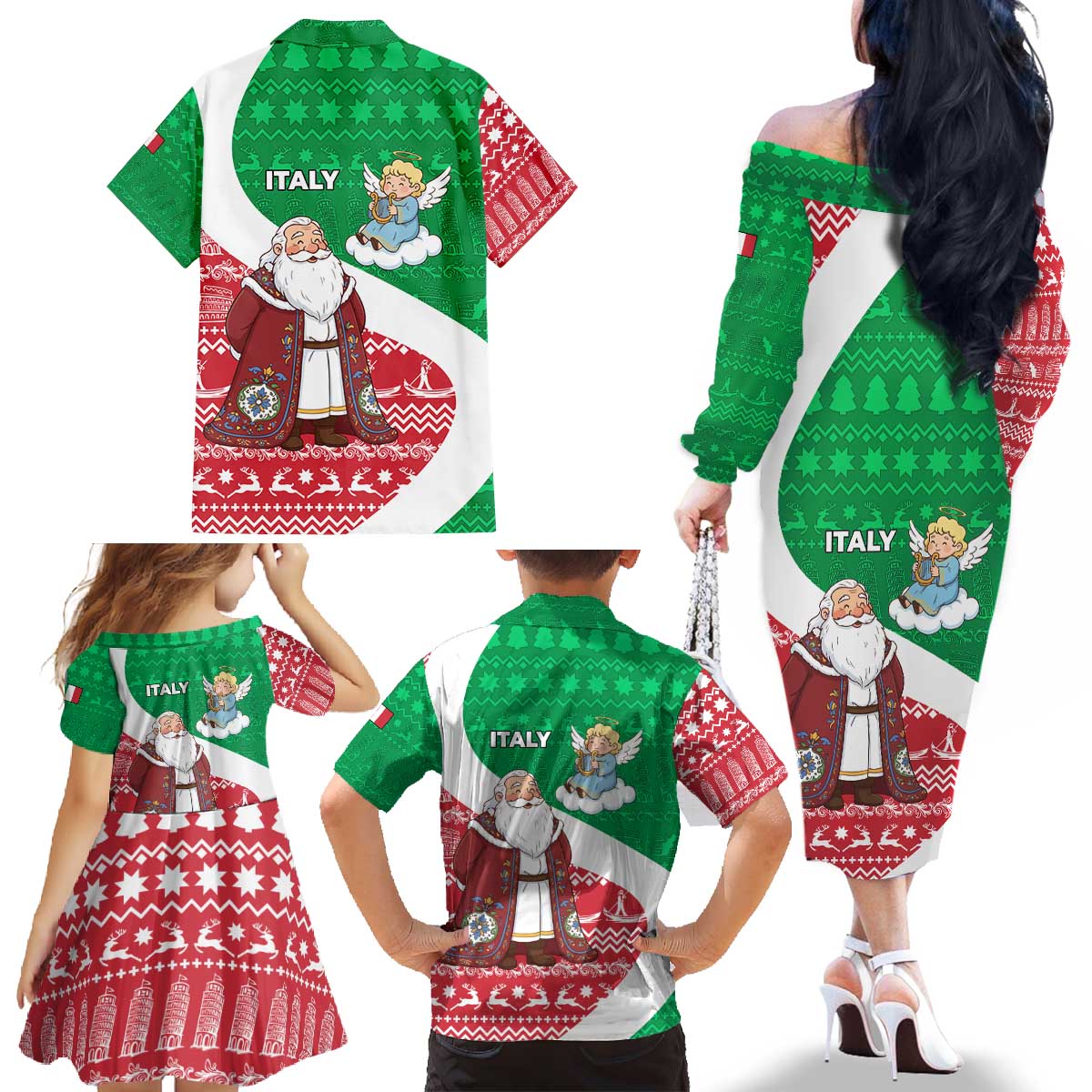 Italy Christmas Family Matching Off The Shoulder Long Sleeve Dress and Hawaiian Shirt with Pizza Chef Santa Leaning Tower Colosseum and Red Green Holiday Pattern Design - Wonder Print Shop
