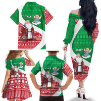 Italy Christmas Family Matching Off The Shoulder Long Sleeve Dress and Hawaiian Shirt with Pizza Chef Santa Leaning Tower Colosseum and Red Green Holiday Pattern Design - Wonder Print Shop