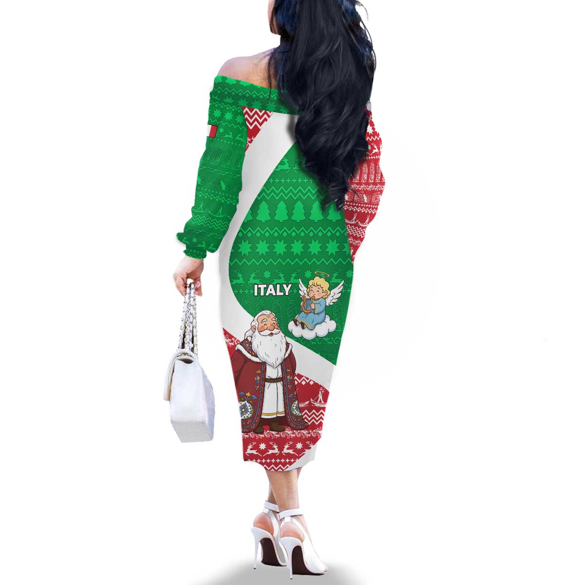 Italy Christmas Family Matching Off The Shoulder Long Sleeve Dress and Hawaiian Shirt with Pizza Chef Santa Leaning Tower Colosseum and Red Green Holiday Pattern Design - Wonder Print Shop