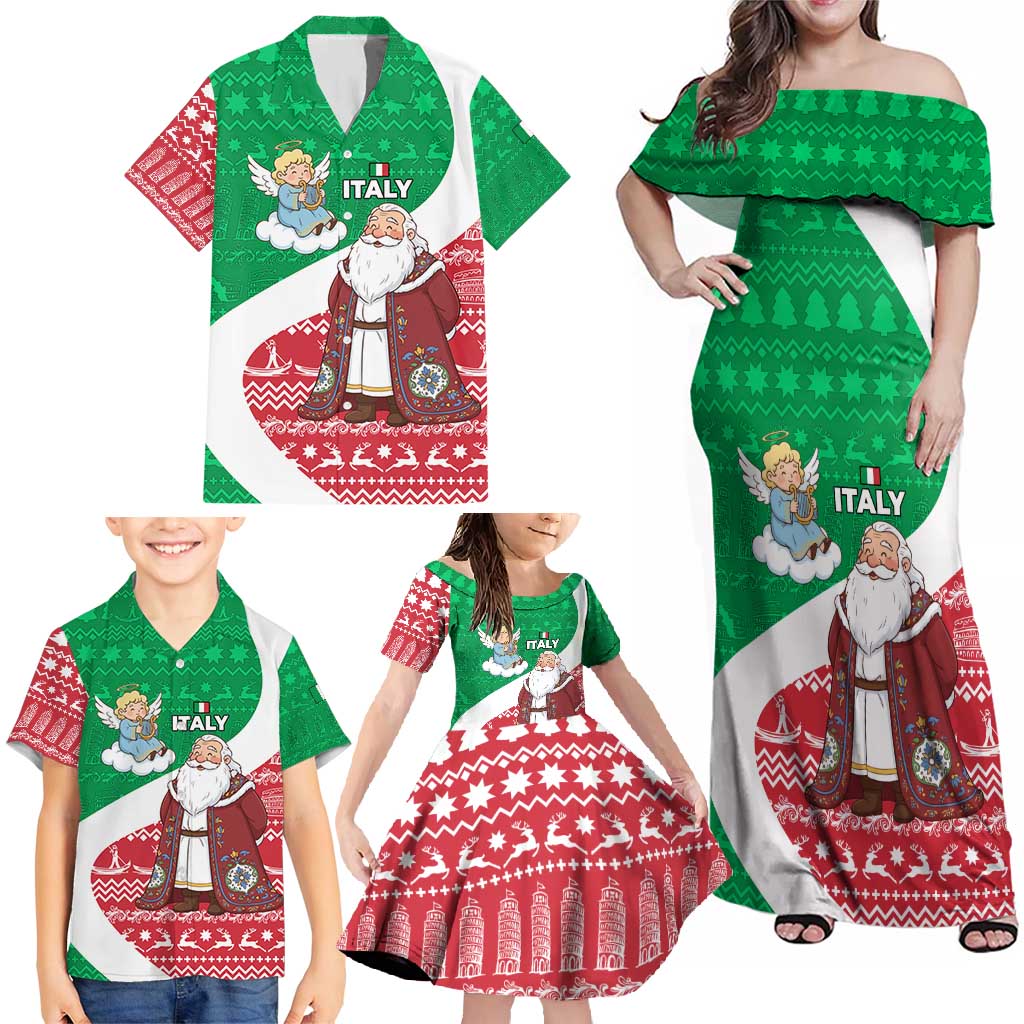 Italy Christmas Family Matching Off Shoulder Maxi Dress and Hawaiian Shirt with Pizza Chef Santa Leaning Tower Colosseum and Red Green Holiday Pattern Design - Wonder Print Shop