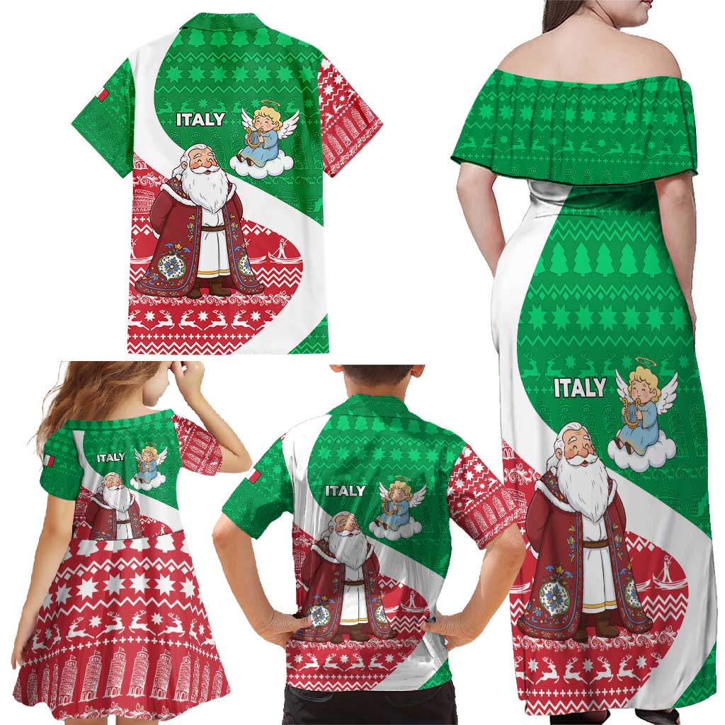 Italy Christmas Family Matching Off Shoulder Maxi Dress and Hawaiian Shirt with Pizza Chef Santa Leaning Tower Colosseum and Red Green Holiday Pattern Design - Wonder Print Shop