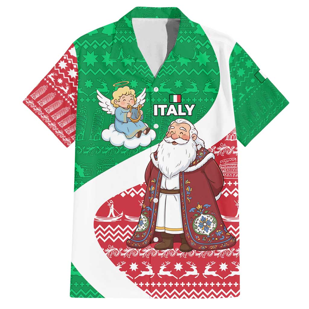 Italy Christmas Family Matching Off Shoulder Maxi Dress and Hawaiian Shirt with Pizza Chef Santa Leaning Tower Colosseum and Red Green Holiday Pattern Design - Wonder Print Shop
