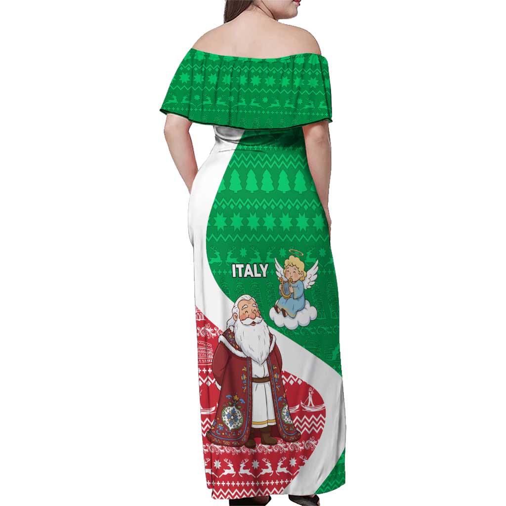 Italy Christmas Family Matching Off Shoulder Maxi Dress and Hawaiian Shirt with Pizza Chef Santa Leaning Tower Colosseum and Red Green Holiday Pattern Design - Wonder Print Shop