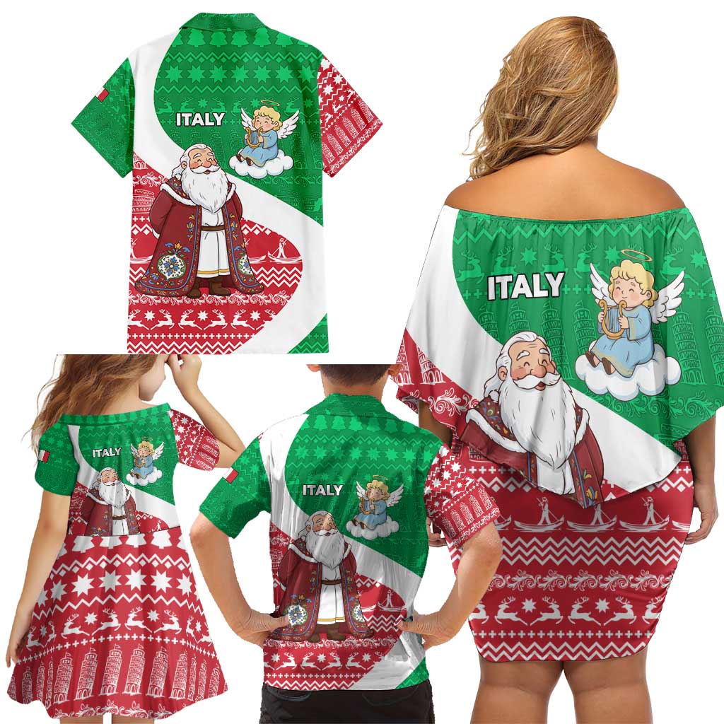 Italy Christmas Family Matching Off Shoulder Short Dress and Hawaiian Shirt with Pizza Chef Santa Leaning Tower Colosseum and Red Green Holiday Pattern Design - Wonder Print Shop