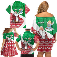 Italy Christmas Family Matching Off Shoulder Short Dress and Hawaiian Shirt with Pizza Chef Santa Leaning Tower Colosseum and Red Green Holiday Pattern Design - Wonder Print Shop