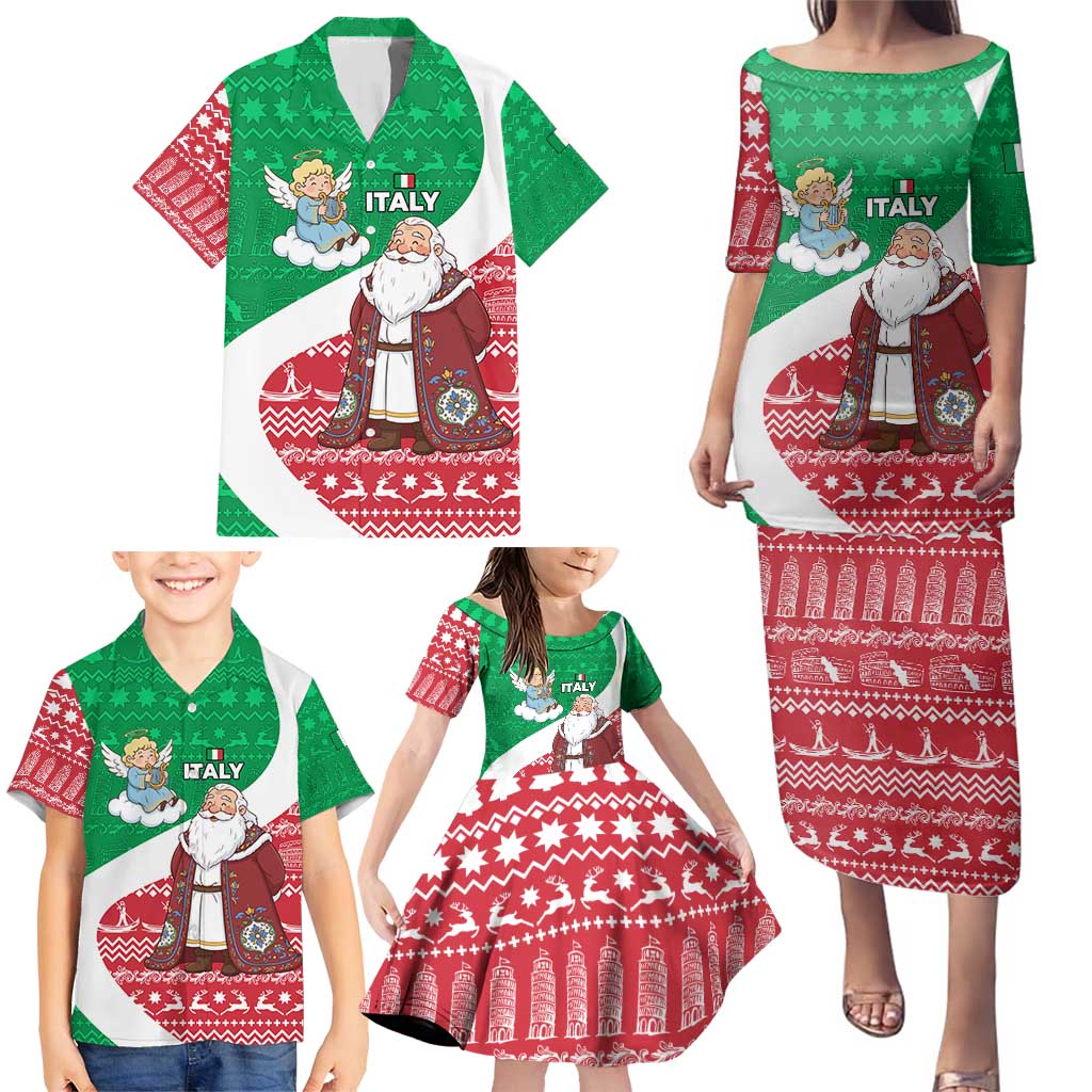 Italy Christmas Family Matching Puletasi and Hawaiian Shirt with Pizza Chef Santa Leaning Tower Colosseum and Red Green Holiday Pattern Design - Wonder Print Shop