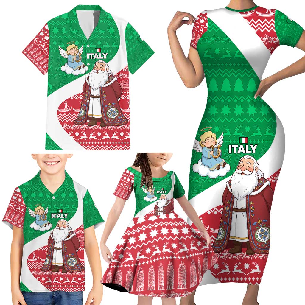 Italy Christmas Family Matching Short Sleeve Bodycon Dress and Hawaiian Shirt with Pizza Chef Santa Leaning Tower Colosseum and Red Green Holiday Pattern Design - Wonder Print Shop