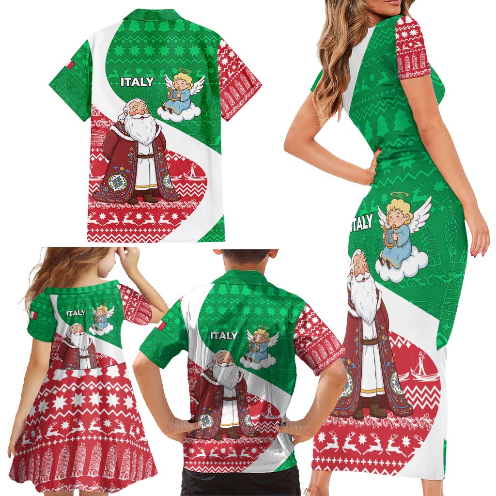 Italy Christmas Family Matching Short Sleeve Bodycon Dress and Hawaiian Shirt with Pizza Chef Santa Leaning Tower Colosseum and Red Green Holiday Pattern Design - Wonder Print Shop