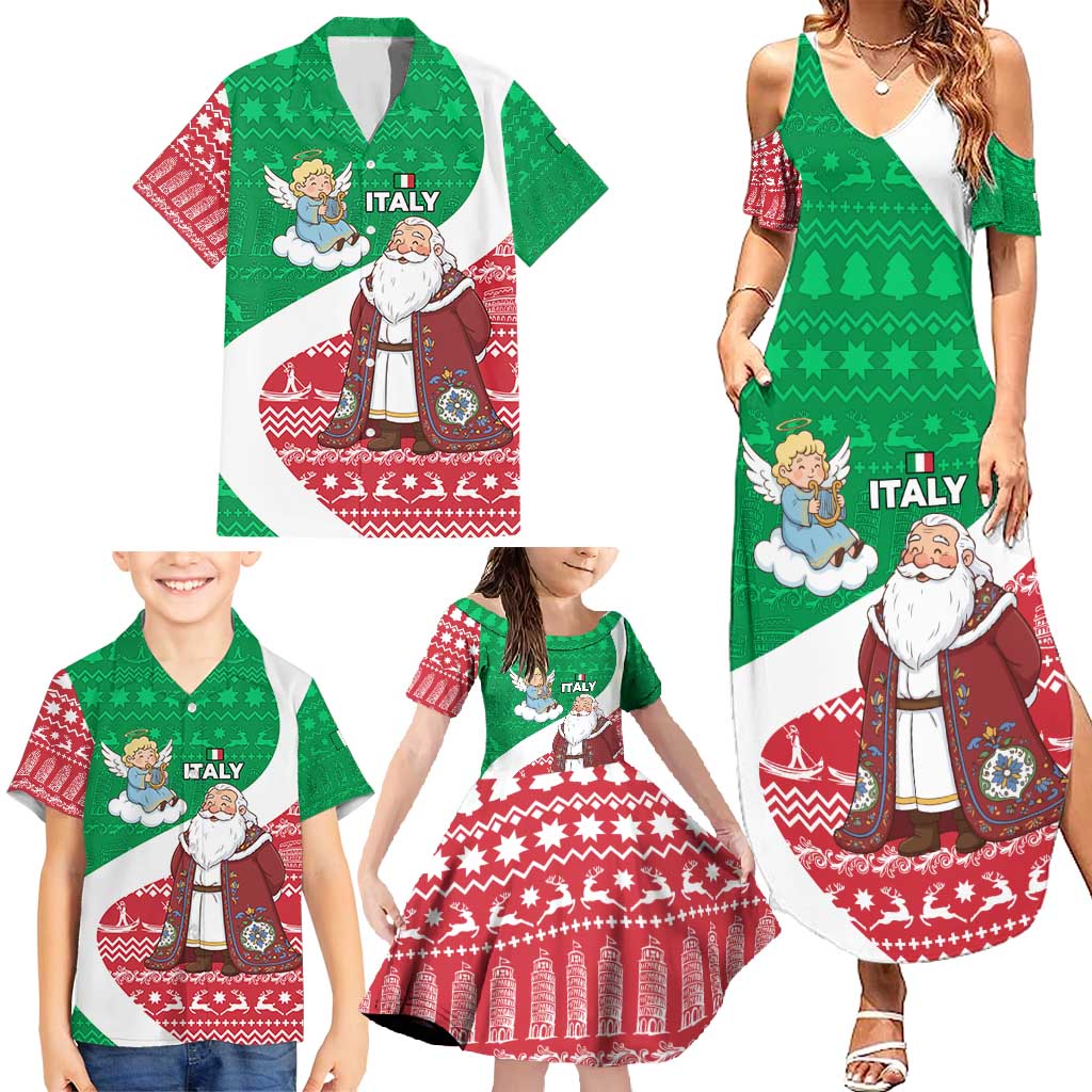 Italy Christmas Family Matching Summer Maxi Dress and Hawaiian Shirt with Pizza Chef Santa Leaning Tower Colosseum and Red Green Holiday Pattern Design - Wonder Print Shop
