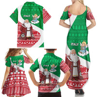 Italy Christmas Family Matching Summer Maxi Dress and Hawaiian Shirt with Pizza Chef Santa Leaning Tower Colosseum and Red Green Holiday Pattern Design - Wonder Print Shop