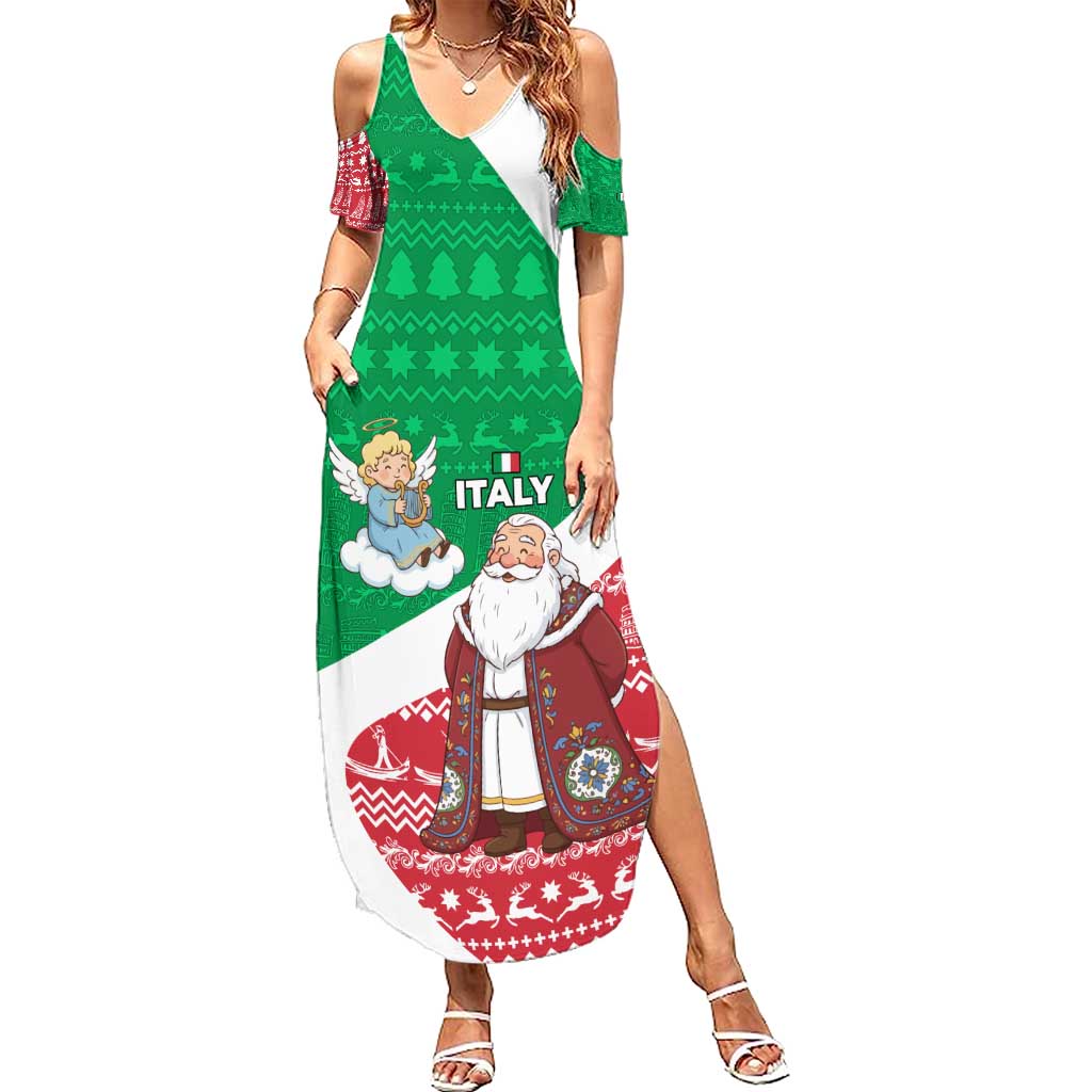 Italy Christmas Family Matching Summer Maxi Dress and Hawaiian Shirt with Pizza Chef Santa Leaning Tower Colosseum and Red Green Holiday Pattern Design - Wonder Print Shop