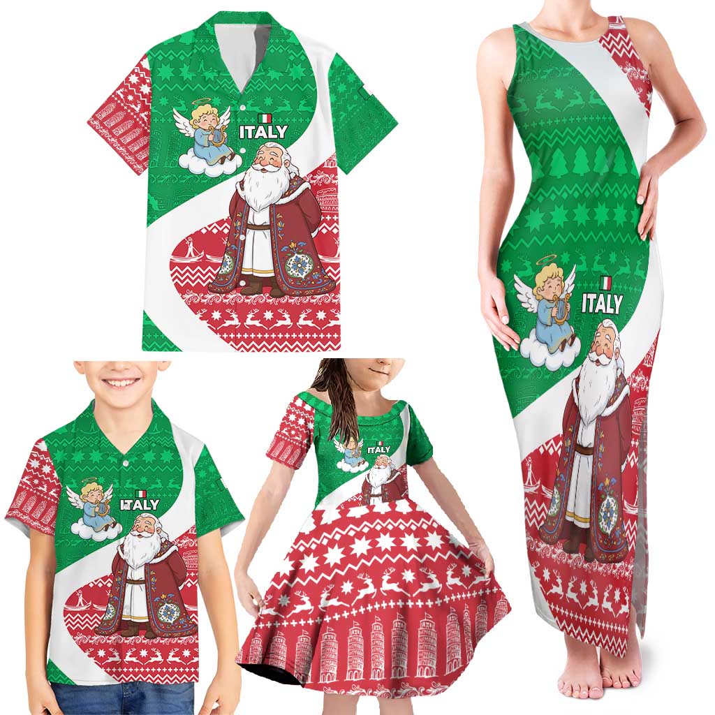 Italy Christmas Family Matching Tank Maxi Dress and Hawaiian Shirt with Pizza Chef Santa Leaning Tower Colosseum and Red Green Holiday Pattern Design - Wonder Print Shop