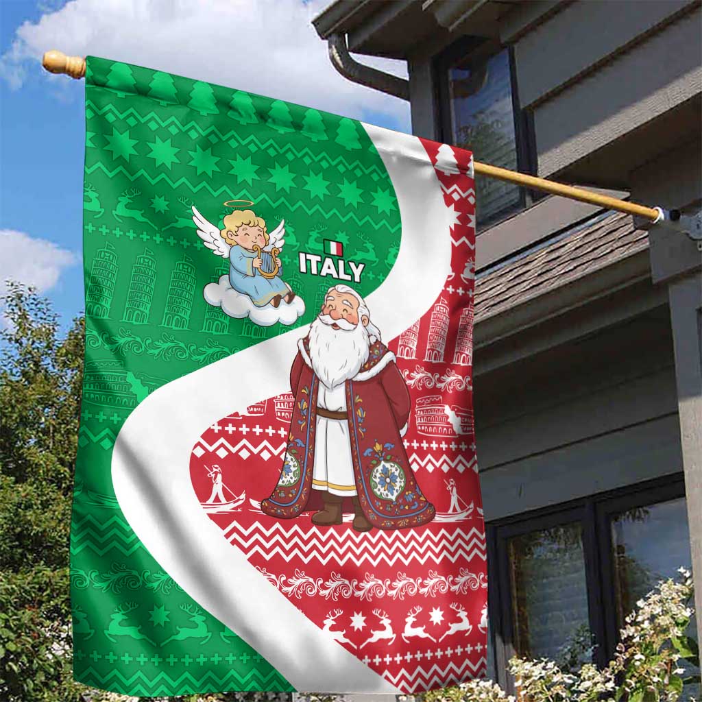 Italy Christmas Garden Flag with Pizza Chef Santa Leaning Tower Colosseum and Red Green Holiday Pattern Design - Wonder Print Shop