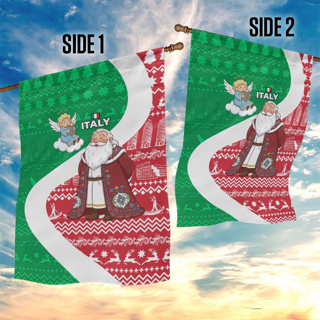 Italy Christmas Garden Flag with Pizza Chef Santa Leaning Tower Colosseum and Red Green Holiday Pattern Design - Wonder Print Shop
