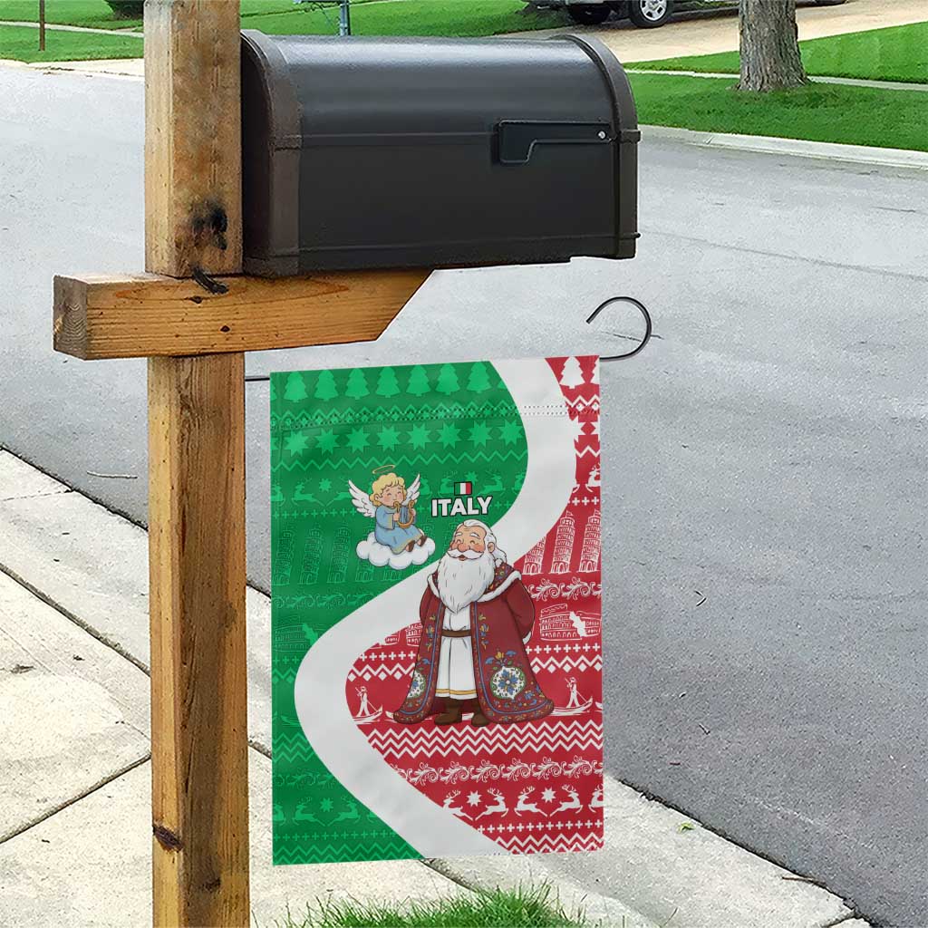 Italy Christmas Garden Flag with Pizza Chef Santa Leaning Tower Colosseum and Red Green Holiday Pattern Design - Wonder Print Shop