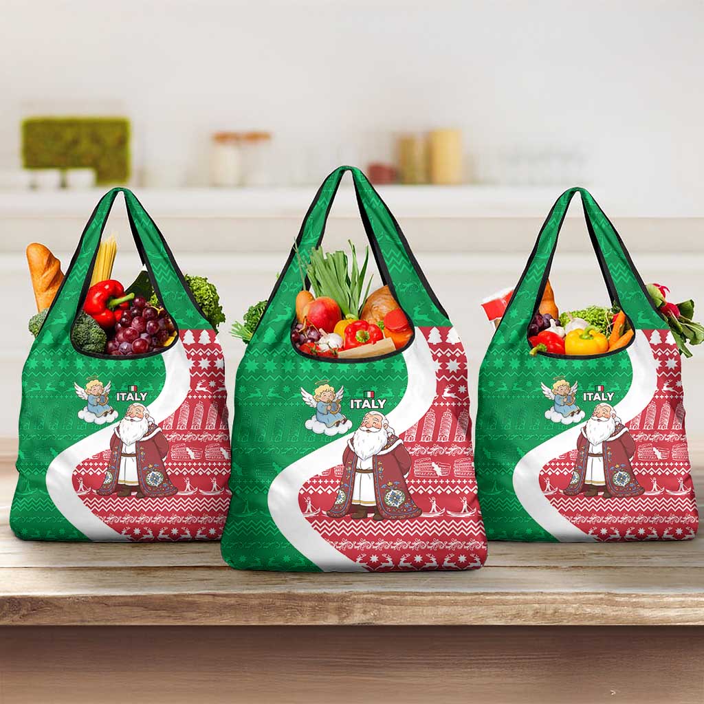 Italy Christmas Grocery Bag with Pizza Chef Santa Leaning Tower Colosseum and Red Green Holiday Pattern Design - Wonder Print Shop