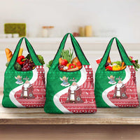 Italy Christmas Grocery Bag with Pizza Chef Santa Leaning Tower Colosseum and Red Green Holiday Pattern Design - Wonder Print Shop