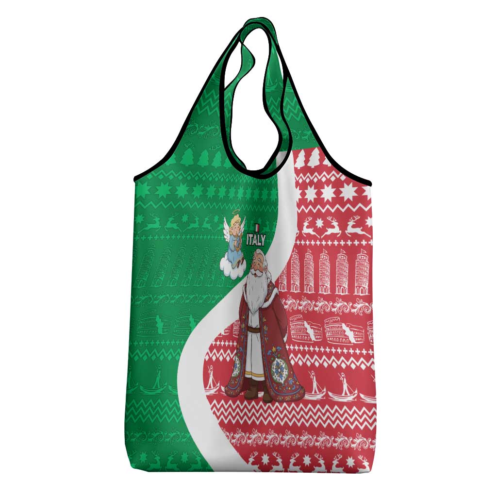 Italy Christmas Grocery Bag with Pizza Chef Santa Leaning Tower Colosseum and Red Green Holiday Pattern Design - Wonder Print Shop
