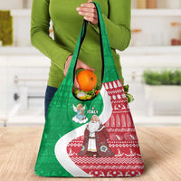 Italy Christmas Grocery Bag with Pizza Chef Santa Leaning Tower Colosseum and Red Green Holiday Pattern Design - Wonder Print Shop