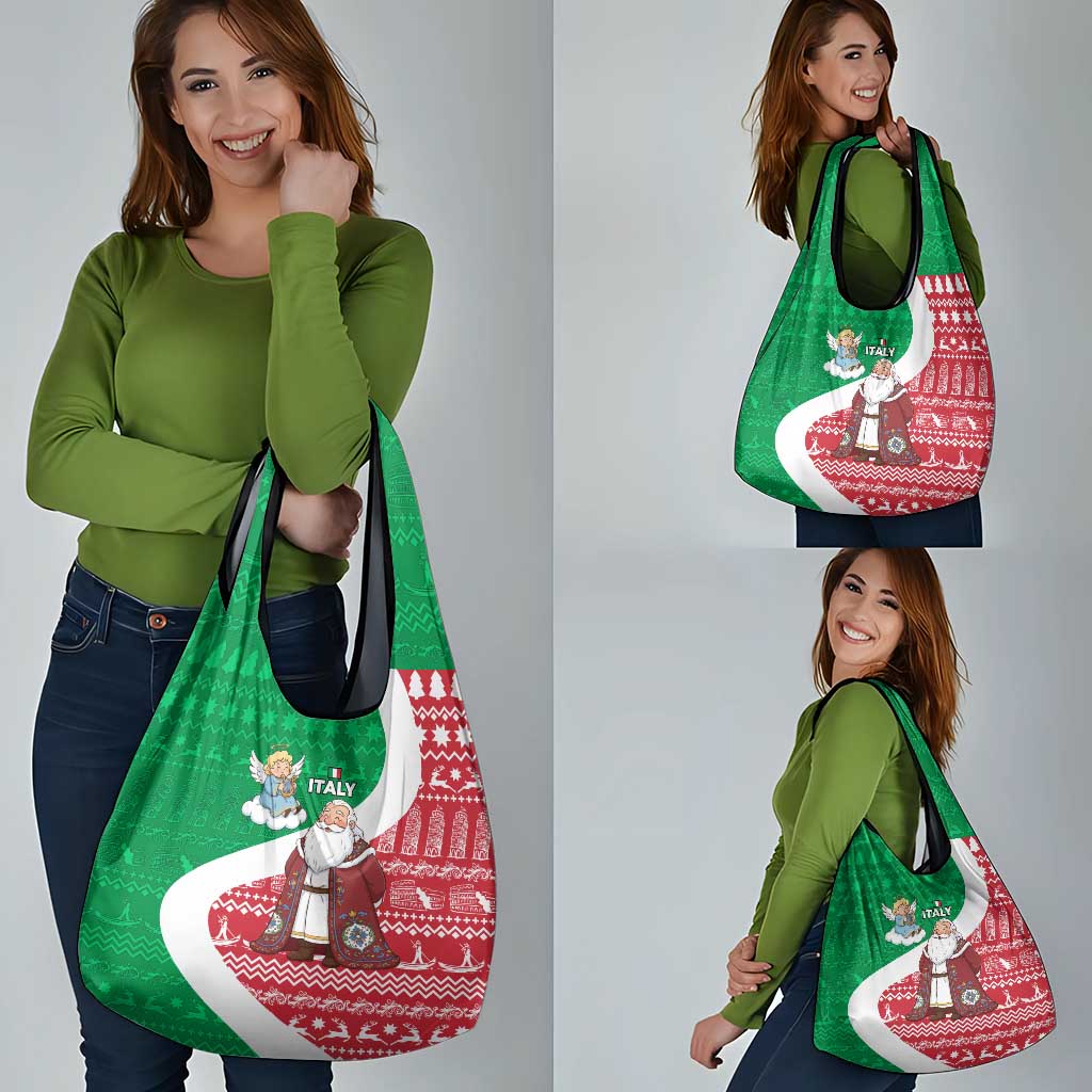 Italy Christmas Grocery Bag with Pizza Chef Santa Leaning Tower Colosseum and Red Green Holiday Pattern Design - Wonder Print Shop