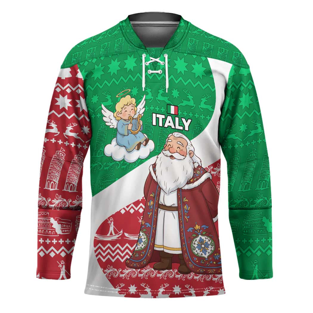 Italy Christmas Hockey Jersey with Pizza Chef Santa Leaning Tower Colosseum and Red Green Holiday Pattern Design - Wonder Print Shop
