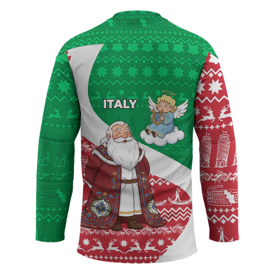Italy Christmas Hockey Jersey with Pizza Chef Santa Leaning Tower Colosseum and Red Green Holiday Pattern Design - Wonder Print Shop