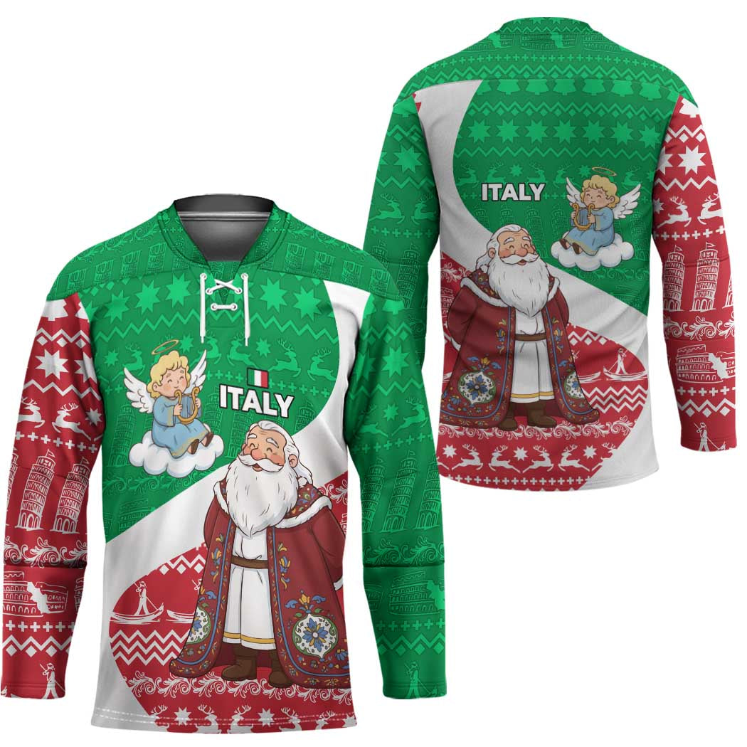 Italy Christmas Hockey Jersey with Pizza Chef Santa Leaning Tower Colosseum and Red Green Holiday Pattern Design - Wonder Print Shop
