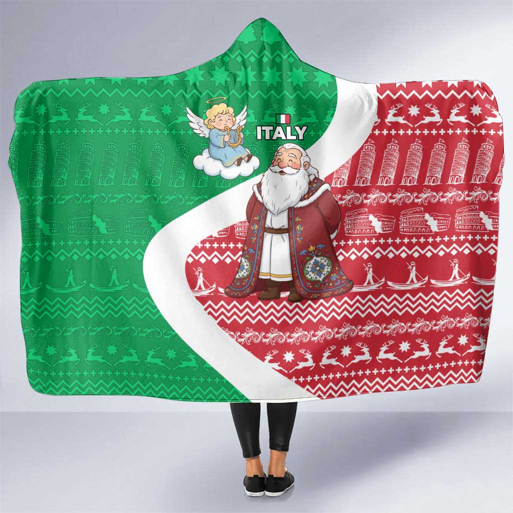 Italy Christmas Hooded Blanket with Pizza Chef Santa Leaning Tower Colosseum and Red Green Holiday Pattern Design - Wonder Print Shop