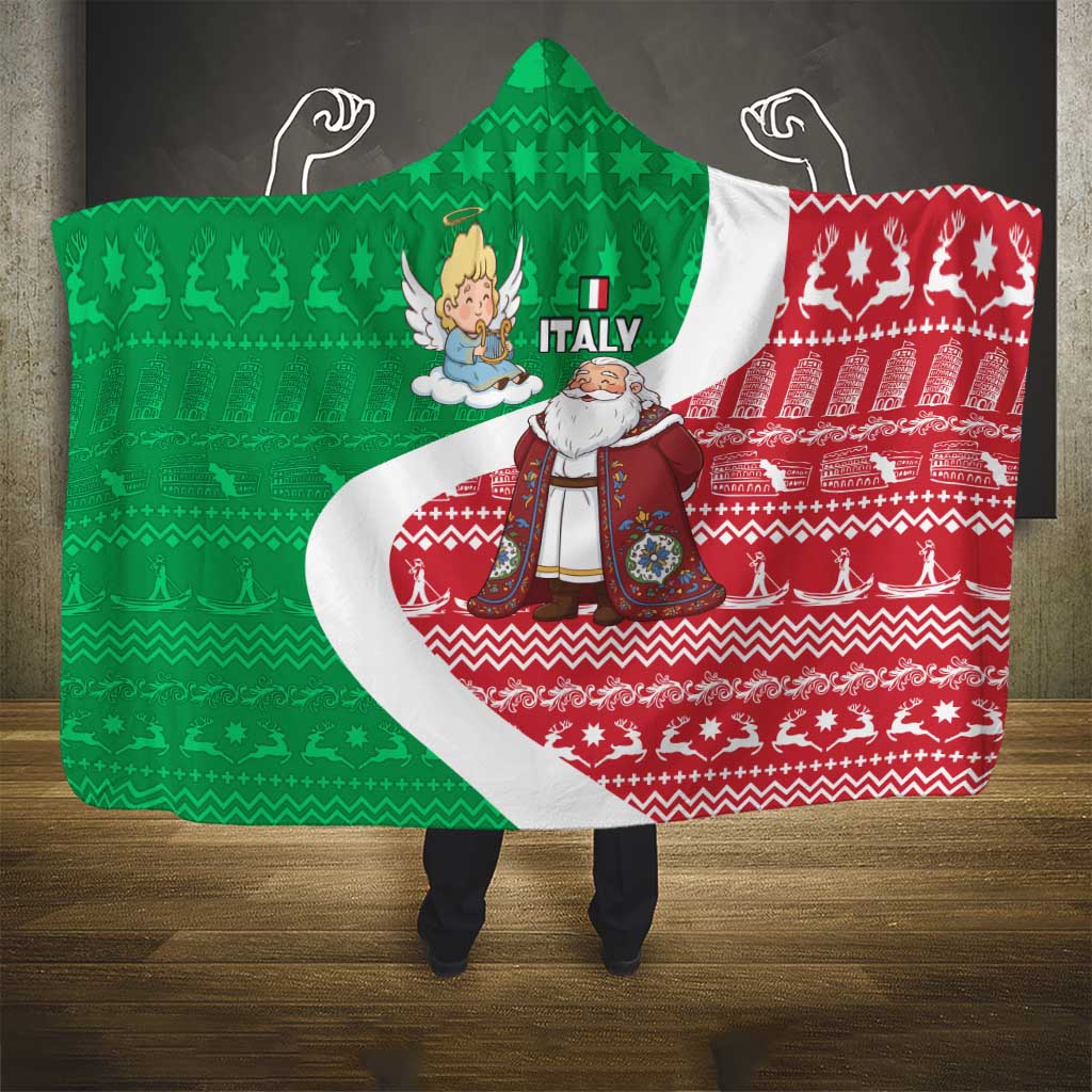 Italy Christmas Hooded Blanket with Pizza Chef Santa Leaning Tower Colosseum and Red Green Holiday Pattern Design - Wonder Print Shop