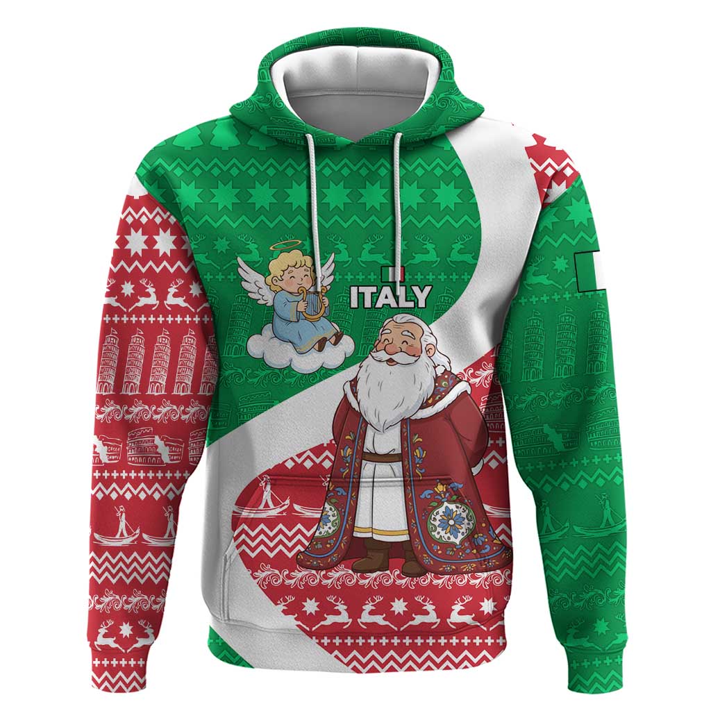 Italy Christmas Hoodie with Pizza Chef Santa Leaning Tower Colosseum and Red Green Holiday Pattern Design - Wonder Print Shop