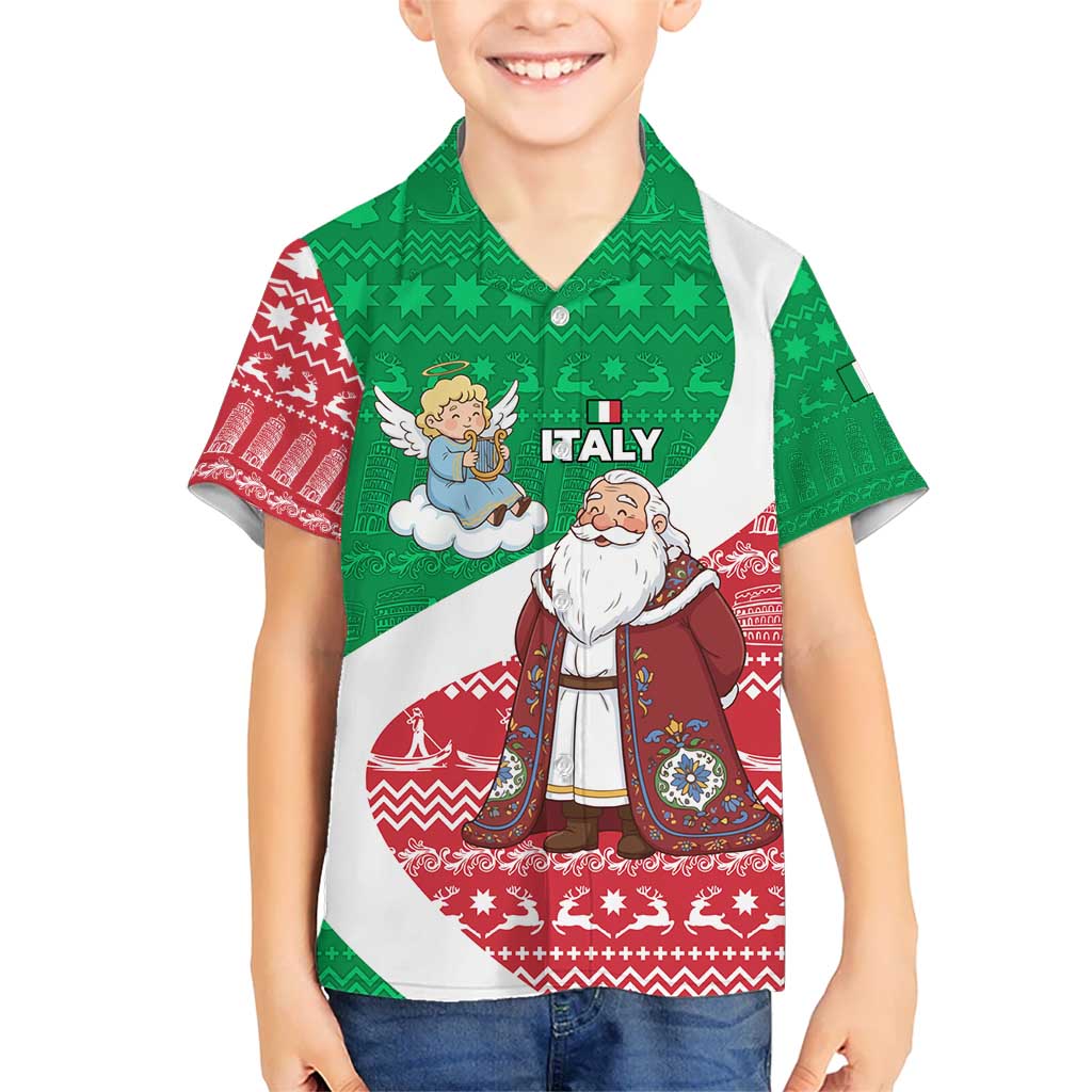 Italy Christmas Kid Hawaiian Shirt with Pizza Chef Santa Leaning Tower Colosseum and Red Green Holiday Pattern Design - Wonder Print Shop
