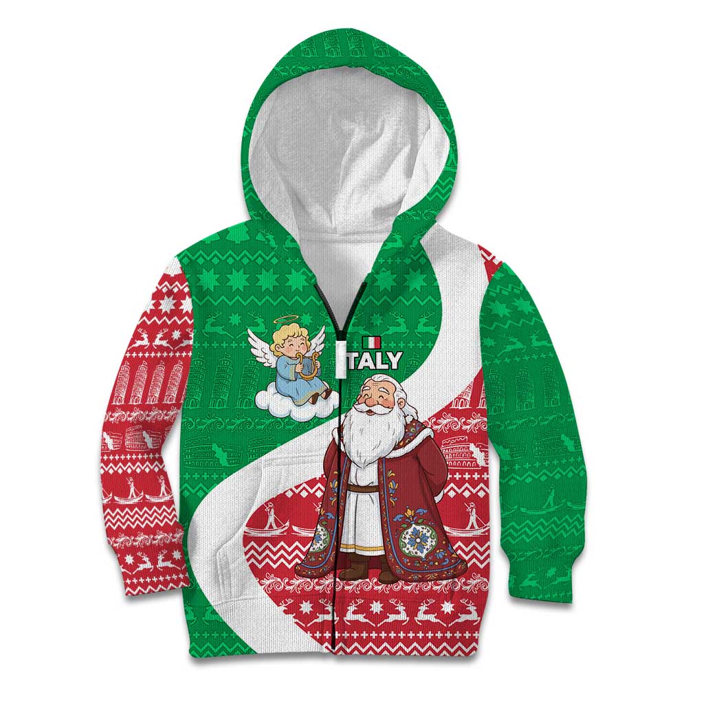 Italy Christmas Kid Hoodie with Pizza Chef Santa Leaning Tower Colosseum and Red Green Holiday Pattern Design - Wonder Print Shop