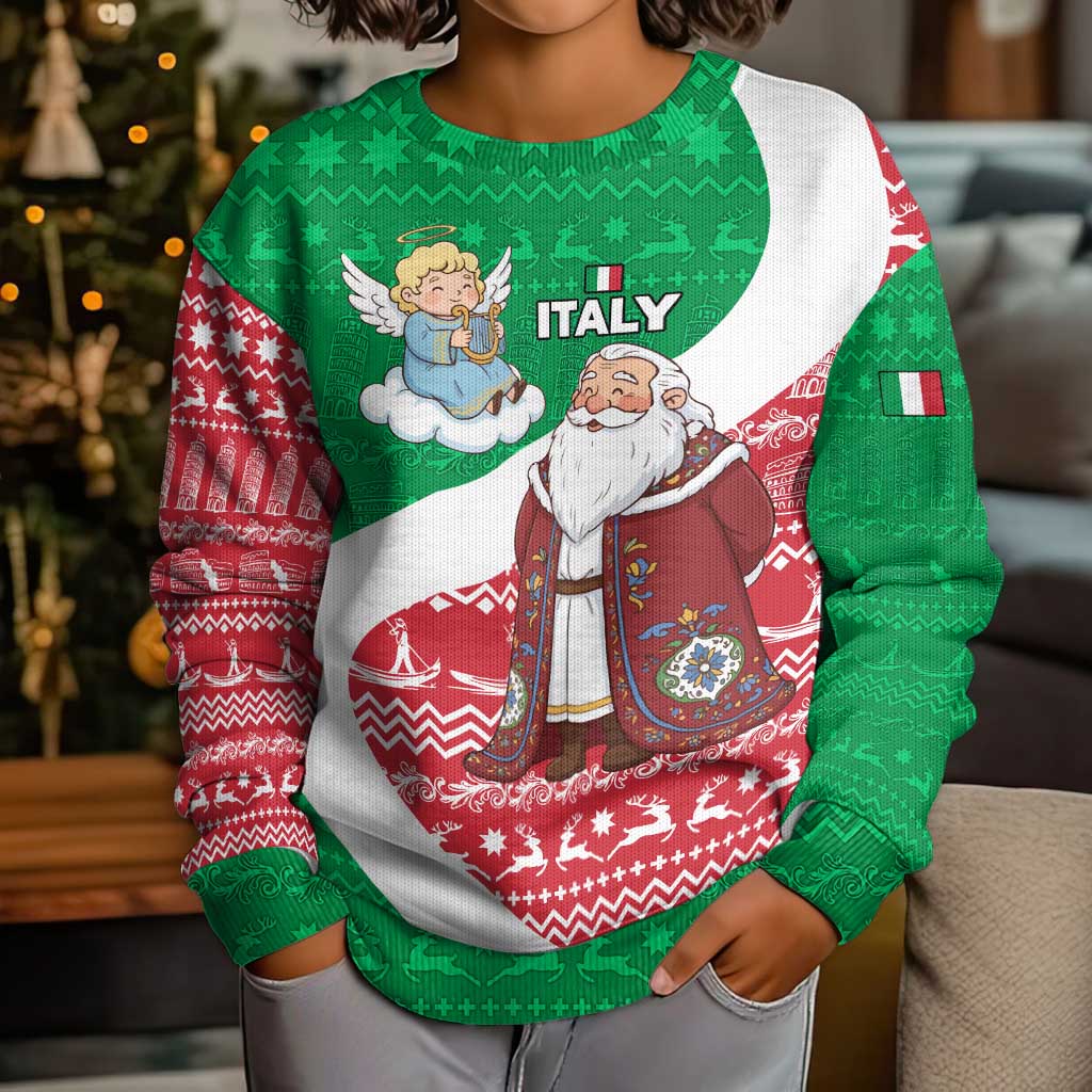 Italy Christmas Kid Ugly Christmas Sweater with Pizza Chef Santa Leaning Tower Colosseum and Red Green Holiday Pattern Design - Wonder Print Shop