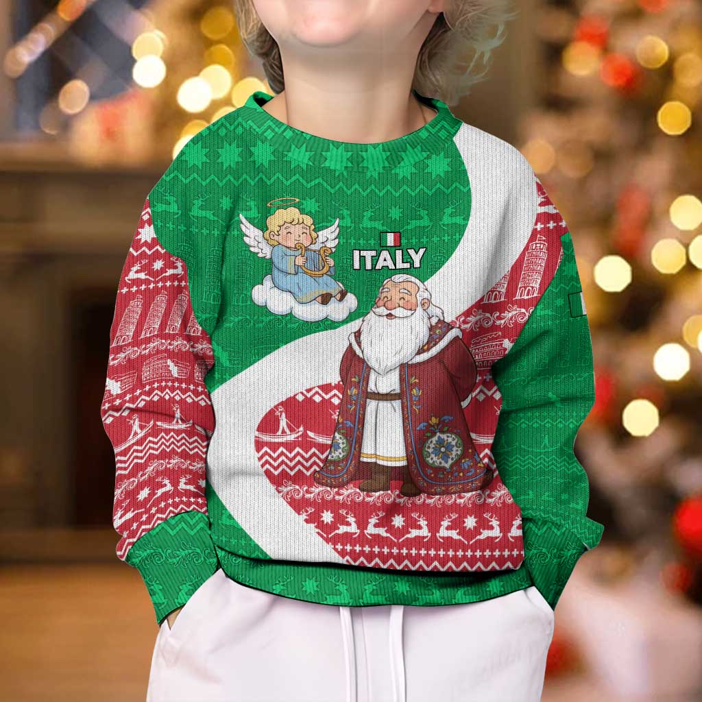 Italy Christmas Kid Ugly Christmas Sweater with Pizza Chef Santa Leaning Tower Colosseum and Red Green Holiday Pattern Design - Wonder Print Shop