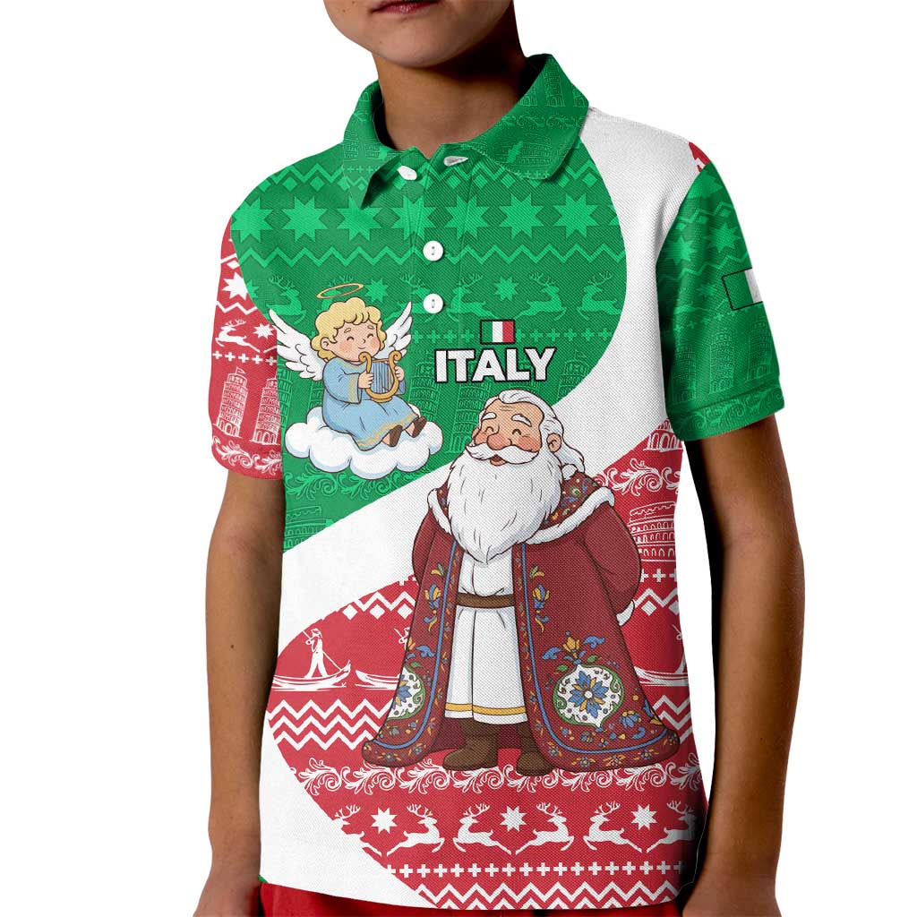 Italy Christmas Kid Polo Shirt with Pizza Chef Santa Leaning Tower Colosseum and Red Green Holiday Pattern Design - Wonder Print Shop