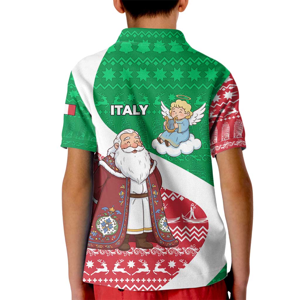 Italy Christmas Kid Polo Shirt with Pizza Chef Santa Leaning Tower Colosseum and Red Green Holiday Pattern Design - Wonder Print Shop