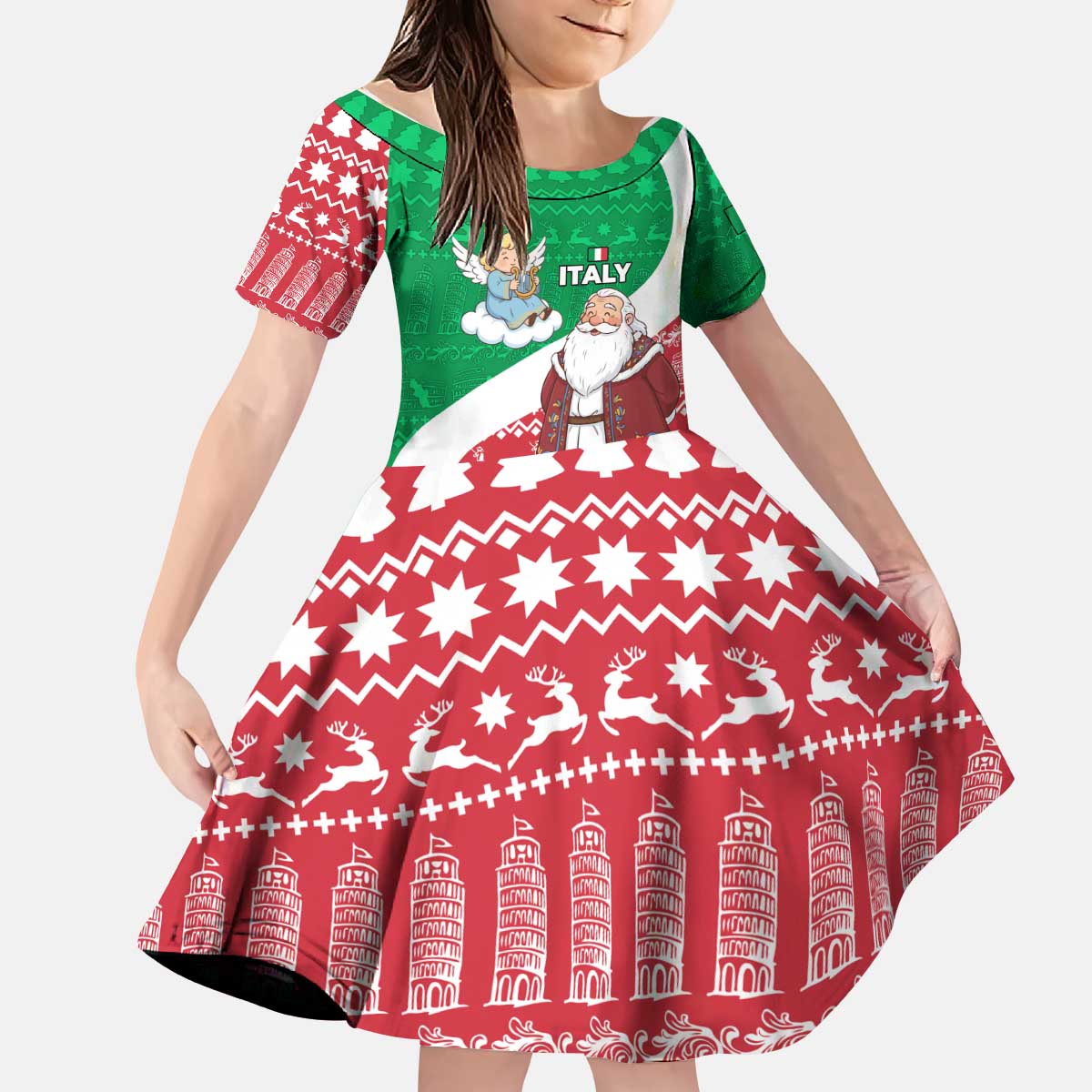 Italy Christmas Kid Short Sleeve Dress with Pizza Chef Santa Leaning Tower Colosseum and Red Green Holiday Pattern Design - Wonder Print Shop