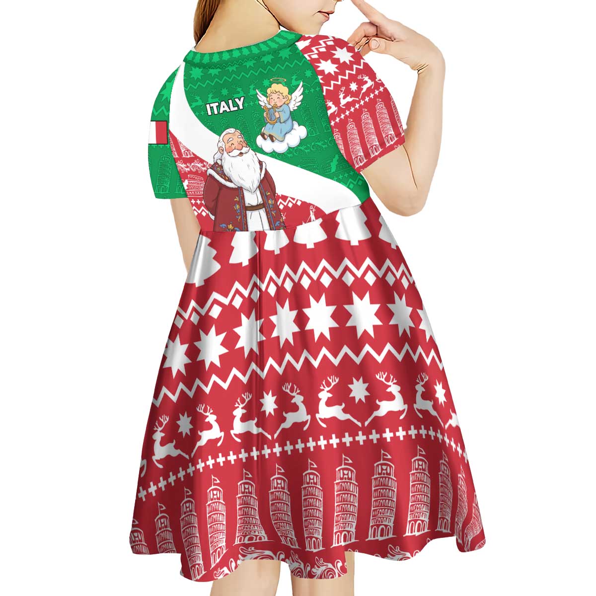 Italy Christmas Kid Short Sleeve Dress with Pizza Chef Santa Leaning Tower Colosseum and Red Green Holiday Pattern Design - Wonder Print Shop