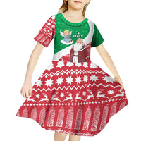 Italy Christmas Kid Short Sleeve Dress with Pizza Chef Santa Leaning Tower Colosseum and Red Green Holiday Pattern Design - Wonder Print Shop