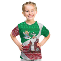 Italy Christmas Kid T Shirt with Pizza Chef Santa Leaning Tower Colosseum and Red Green Holiday Pattern Design - Wonder Print Shop