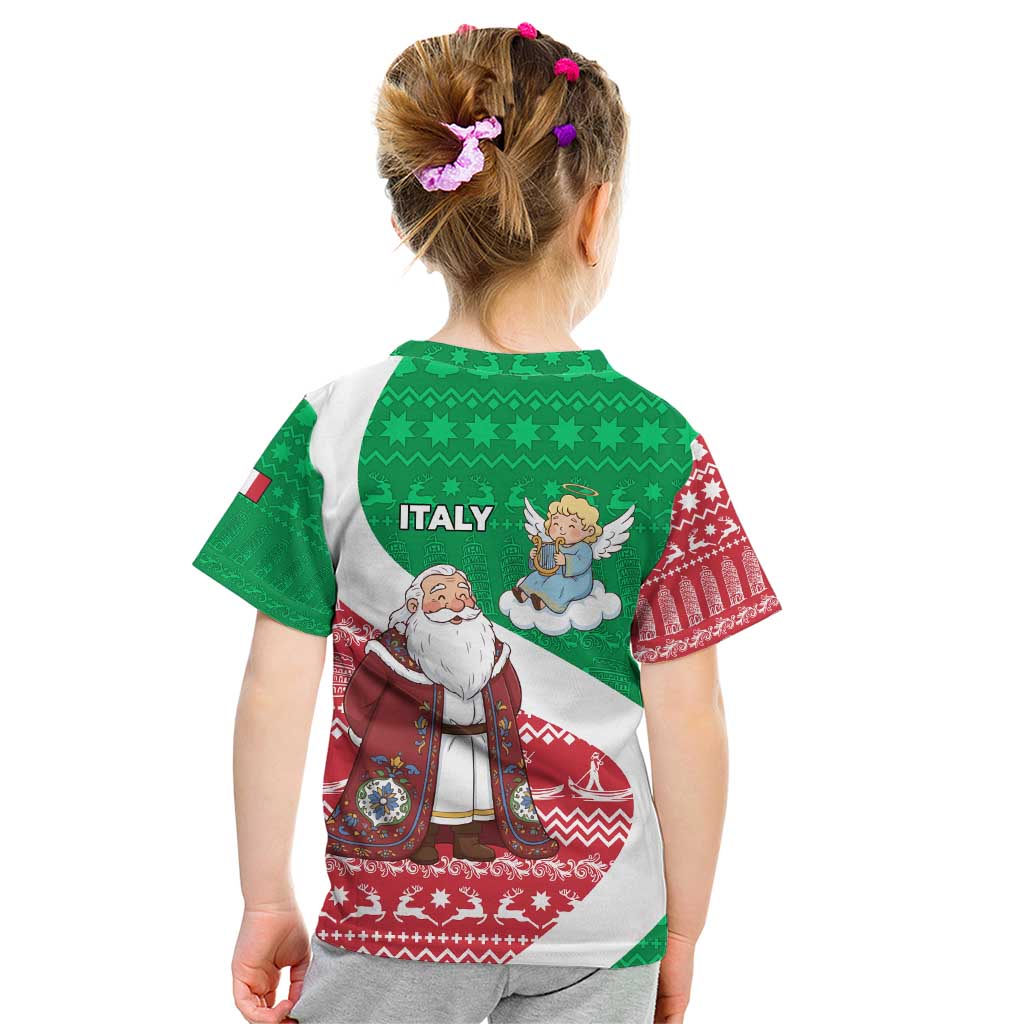 Italy Christmas Kid T Shirt with Pizza Chef Santa Leaning Tower Colosseum and Red Green Holiday Pattern Design - Wonder Print Shop