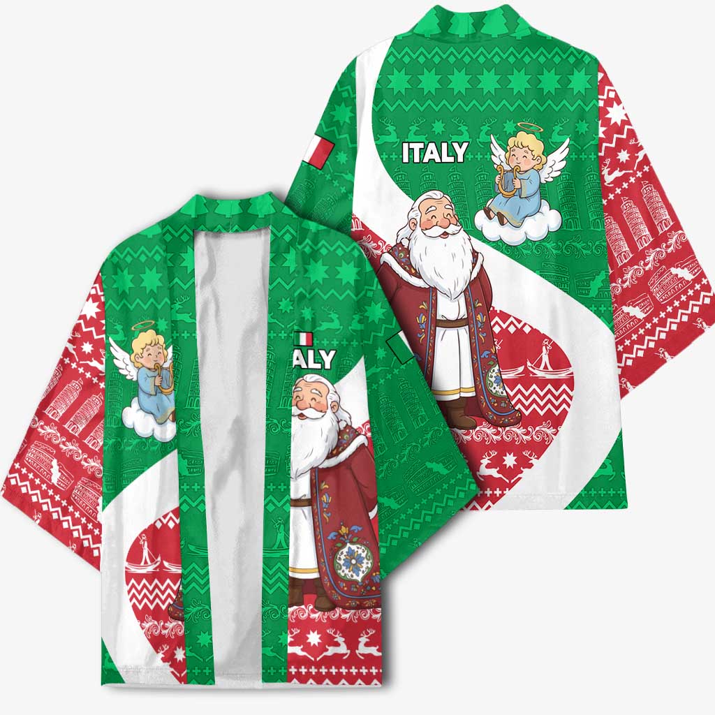 Italy Christmas Kimono with Pizza Chef Santa Leaning Tower Colosseum and Red Green Holiday Pattern Design - Wonder Print Shop