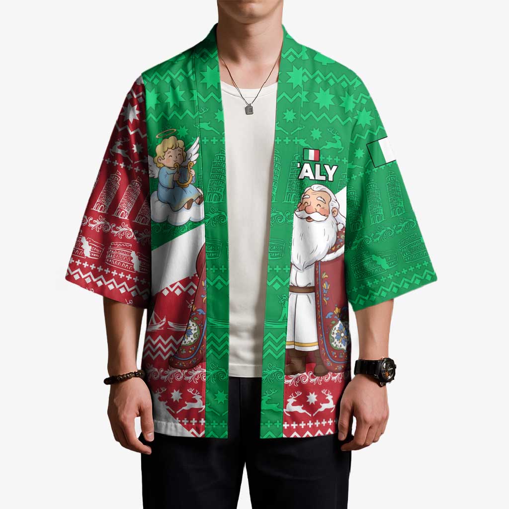 Italy Christmas Kimono with Pizza Chef Santa Leaning Tower Colosseum and Red Green Holiday Pattern Design - Wonder Print Shop