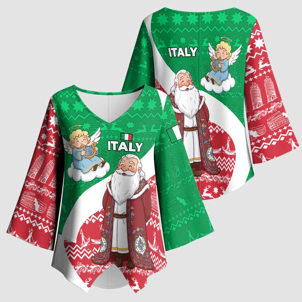 Italy Christmas Kimono Sleeve Blouse with Pizza Chef Santa Leaning Tower Colosseum and Red Green Holiday Pattern Design - Wonder Print Shop