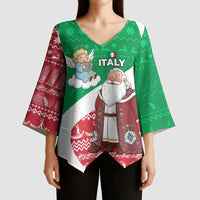 Italy Christmas Kimono Sleeve Blouse with Pizza Chef Santa Leaning Tower Colosseum and Red Green Holiday Pattern Design - Wonder Print Shop